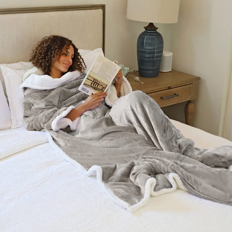 Catalonia Sherpa Wearable Blanket with Sleeves & Foot Pockets for Adult Women Men, Comfy Snuggle Wrap Sleeved Throw Blanket Robe, Gift Idea, Camel - Image 4